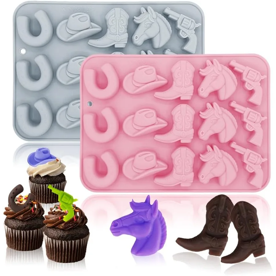 Paquete de 2 moldes de silicona para Chocolate de vaquero, bandeja de molde para hornear con temática occidental 3D, herramienta para hornear DIY con sombrero de vaquero, bota, caballo para Choco