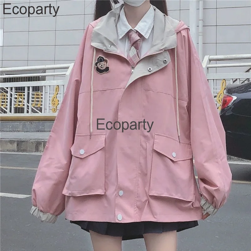 2023 Japanese Kawaii Jacket For Women Autumn Autumn Pink Preppy Style Oversized Hooded Coat Korean Fashion Casual Outwear Girls