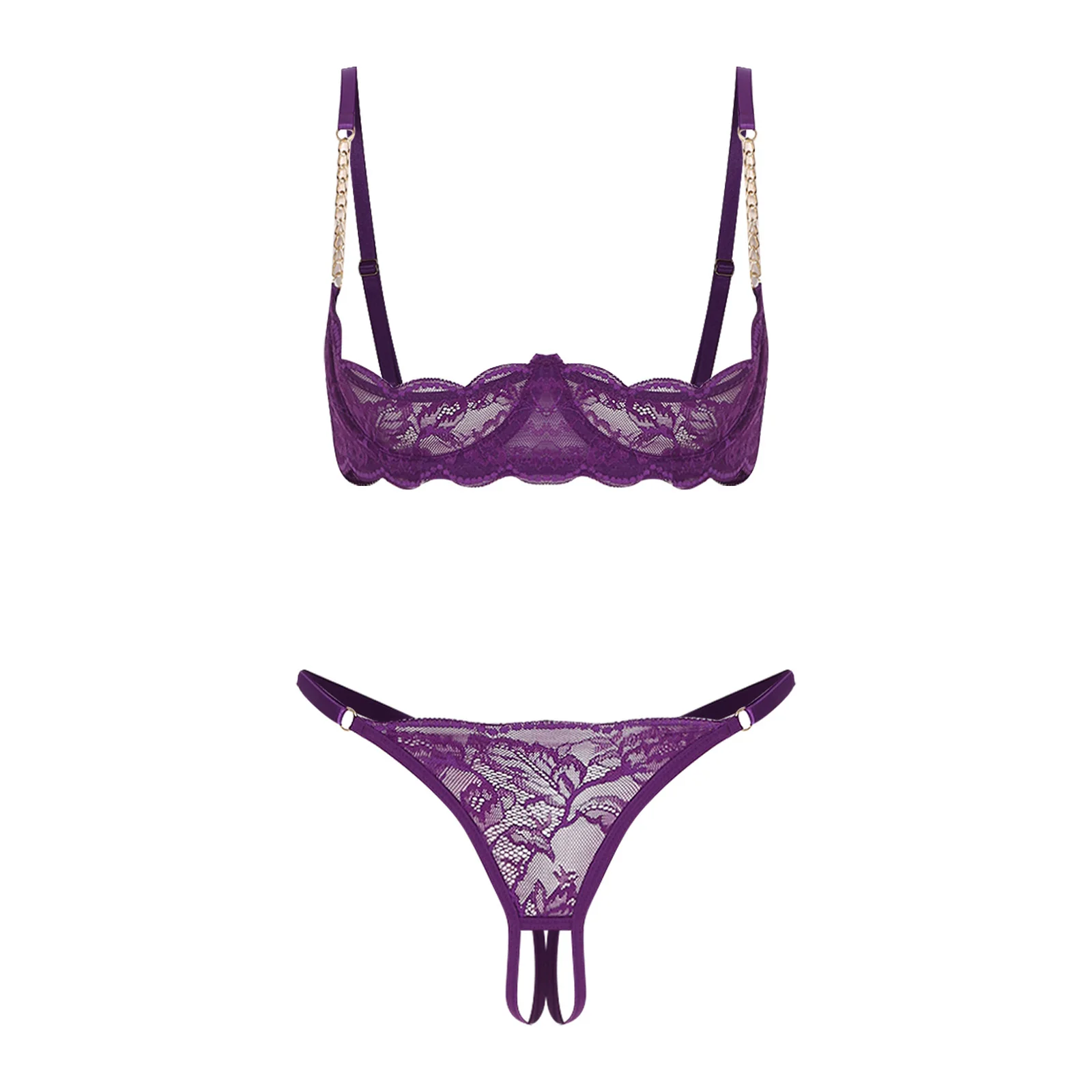 

Womens See Through Floral Lace Bra 1/4 Cup Underwire Push-up Bralette Balconette Alluring Lingerie Top with Briefs Set Nightwear