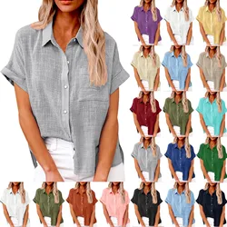 Women's Casual Fashion Cotton Linen Short Sleeve Lapel Button Down Shirt Top Tops for Women Womens Tops and Blouses Dressy Tops