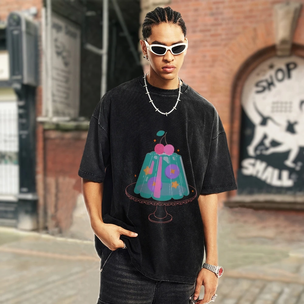 Trendy Vintage Unisex gewassen T-shirt jaren '90 Vintage Oversize Retro gewassen stijlvol T-shirt Jelly Cake T-shirt geheel van katoen van hoge kwaliteit