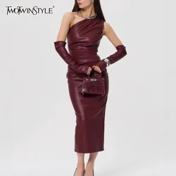 TWOTWINSTYLE Solid Slimming Dresses for Women Diagonal Collar Sleeveless High Waist Leather Dress Female Fashion Style
