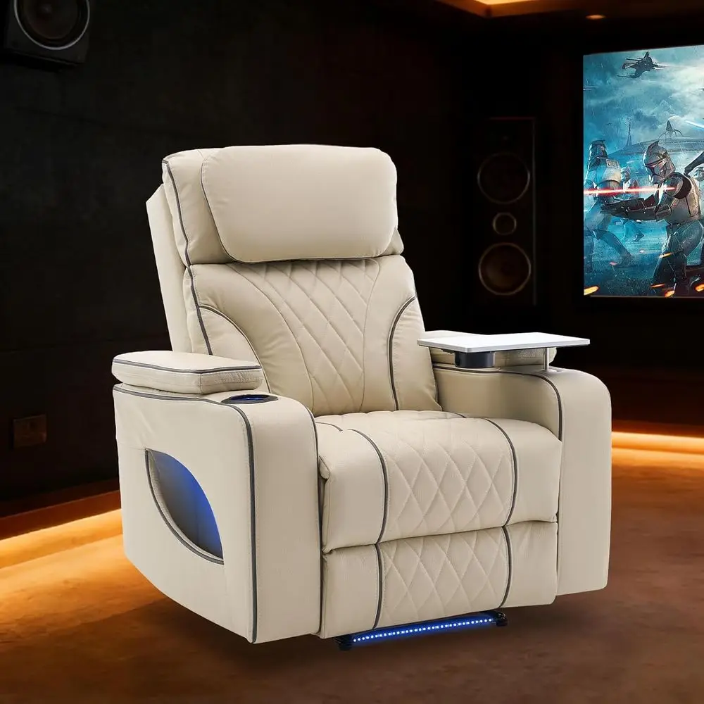 Close-up of recliner controls and cup holder