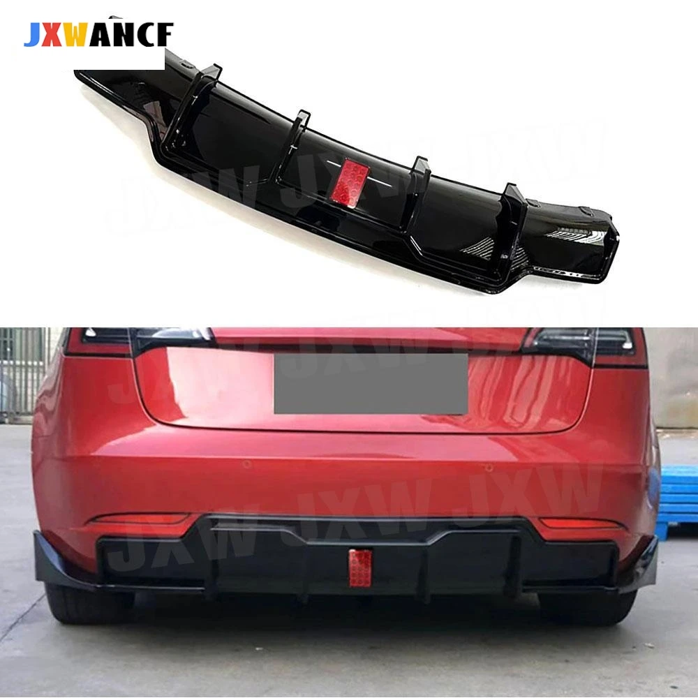 JXWANCF Auto-Heckstoßstangen-Lippen-Diffusor-Spoiler für Tesla Model 3 2017+, mit LED-Licht, Heckstoßstangen-Lippenverkleidungen, ABS, glänzend schwarz