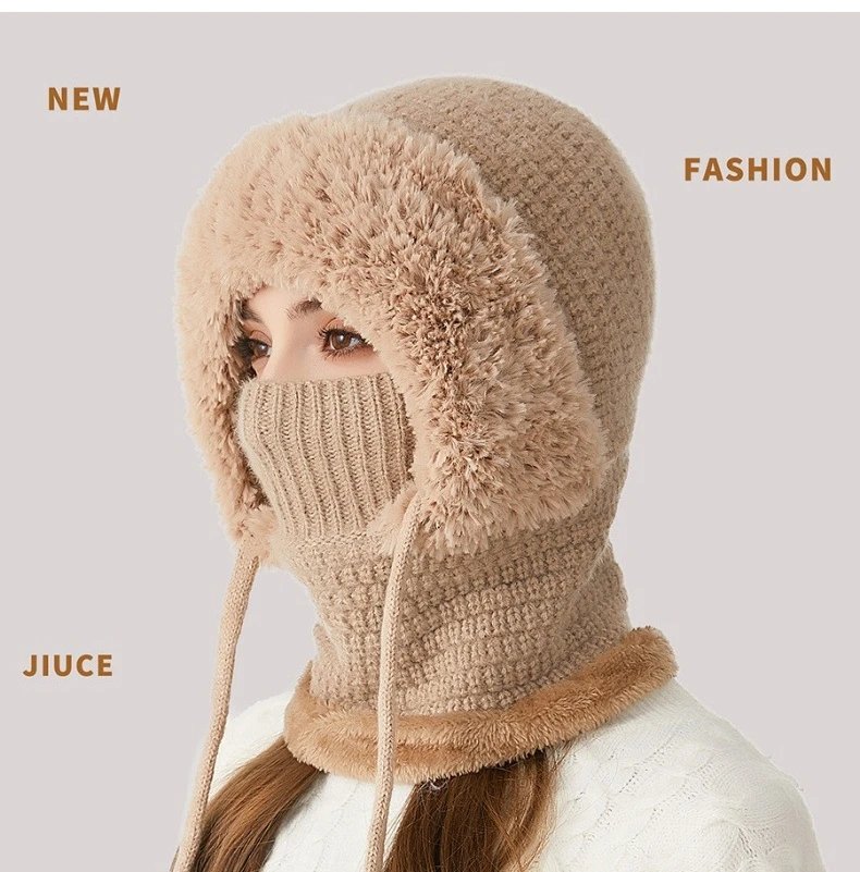 Gorro siamés de terciopelo de invierno para mujer, gorro de punto grueso para cubrir la cara, Kit de calentamiento del cuello adecuado para cabezas grandes