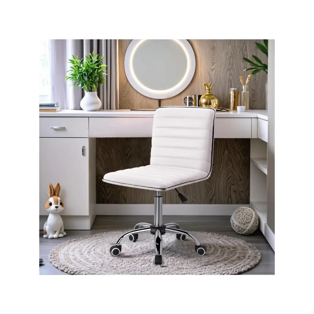 Mid Back Vanity Chair for Makeup Room, Low Back PU Leather Swivel Computer Desk Chair, Task and Office Chair Retro (White)