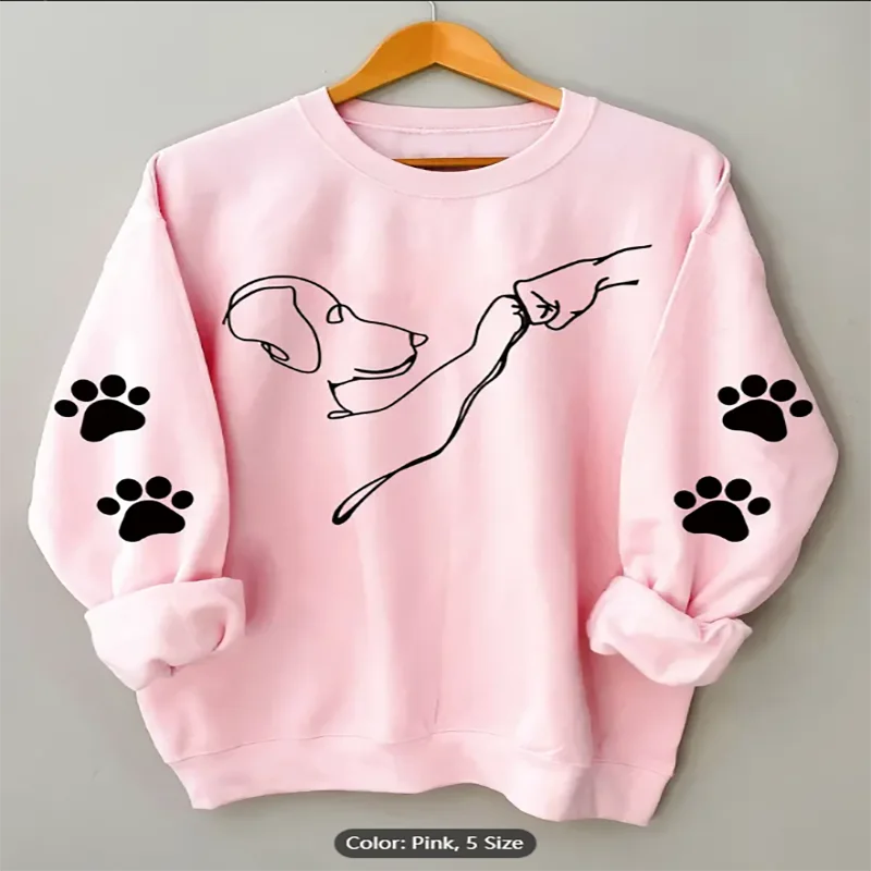

Women's Pink Cotton Blend Sweatshirt with Dog Paw Graphic Print Line Art Dog Human Interaction Design Casual Oversized Pullover