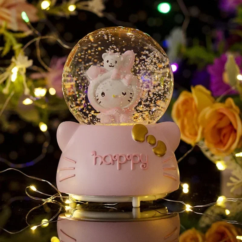 Sanrio Hello Kitty Animation Peripherals Snow Music Box Crystal Ball Desktop Model Ornaments Children Birthday Gifts