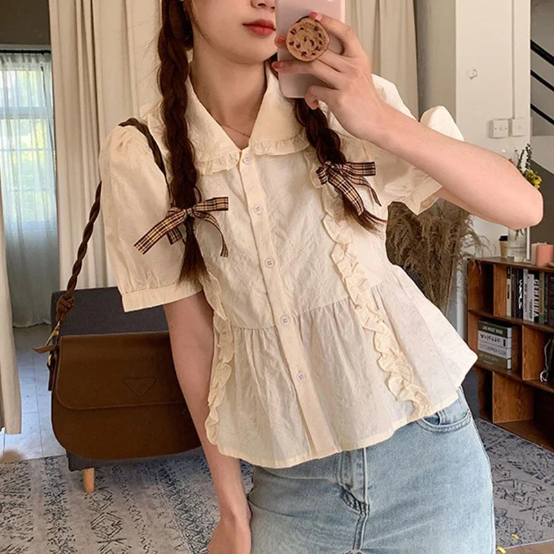 

Japanese Summer Women Blouses Sweet Peter Pan Collar Puff Sleeve Shirts 2025 Blusas Mujer De Moda Ruffles Chic Cute Blouse Tops