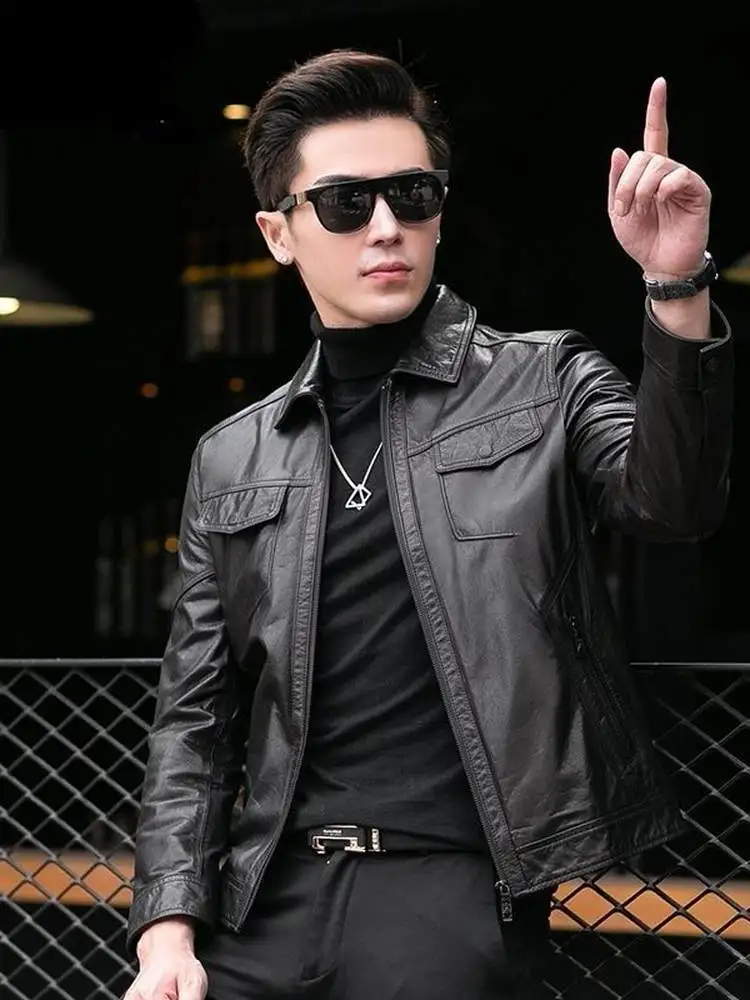 

Мужская кожаная куртка-косуха в американском стиле, повседневная, с отложным воротником, приталенная, весна-осень, новинка, молодежная мода