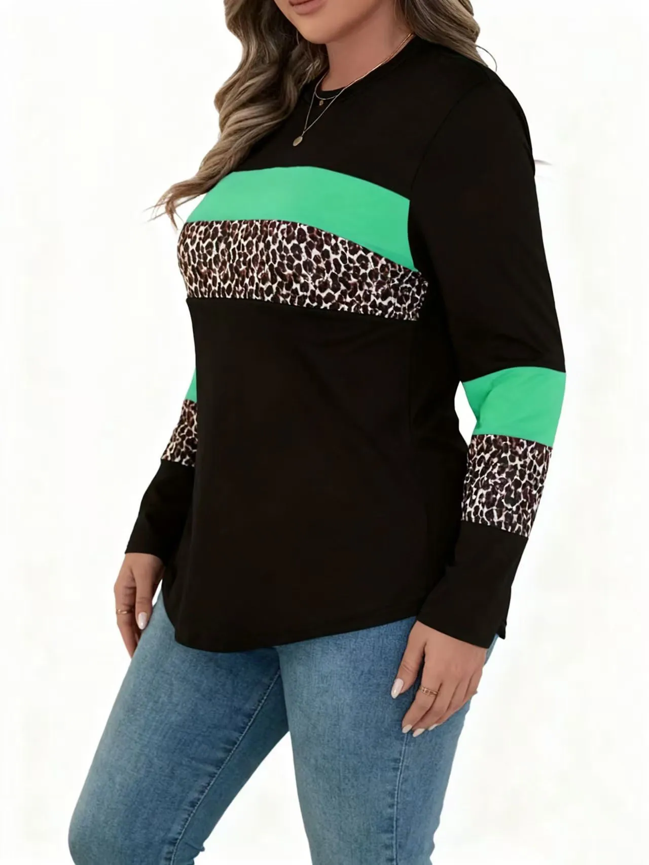 Elegantes Farbblock-T-Shirt in Übergröße, bedruckt, Rundhalsausschnitt, lässiges T-Shirt, perfekte Wahl für Frühling und Herbst, Kleidung in Übergröße.