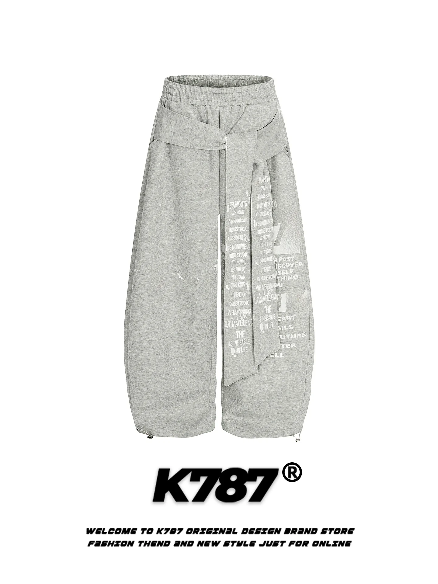 

K787 American Retro Letter Print Belted Knife Sweatpants Loose Casual Sports Street Dance Wide Leg Long Trousers for Men