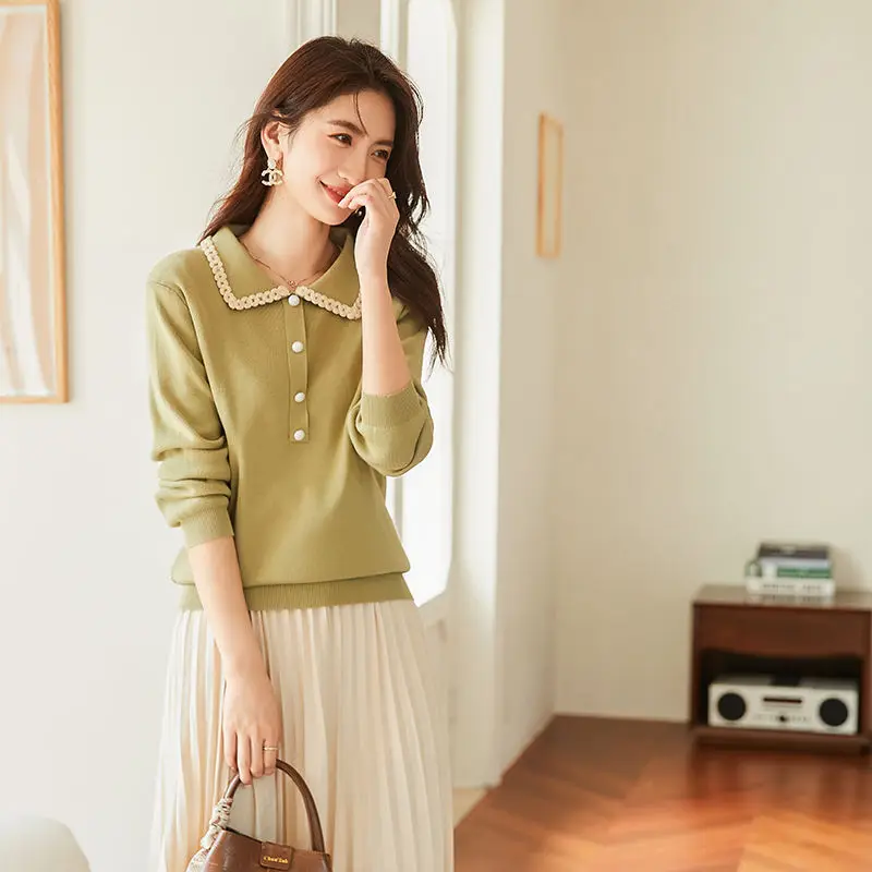 VICTORIA&VERA Braided collar knitted sweater all-match sweater women 2024 autumn and winter green sweater mujer