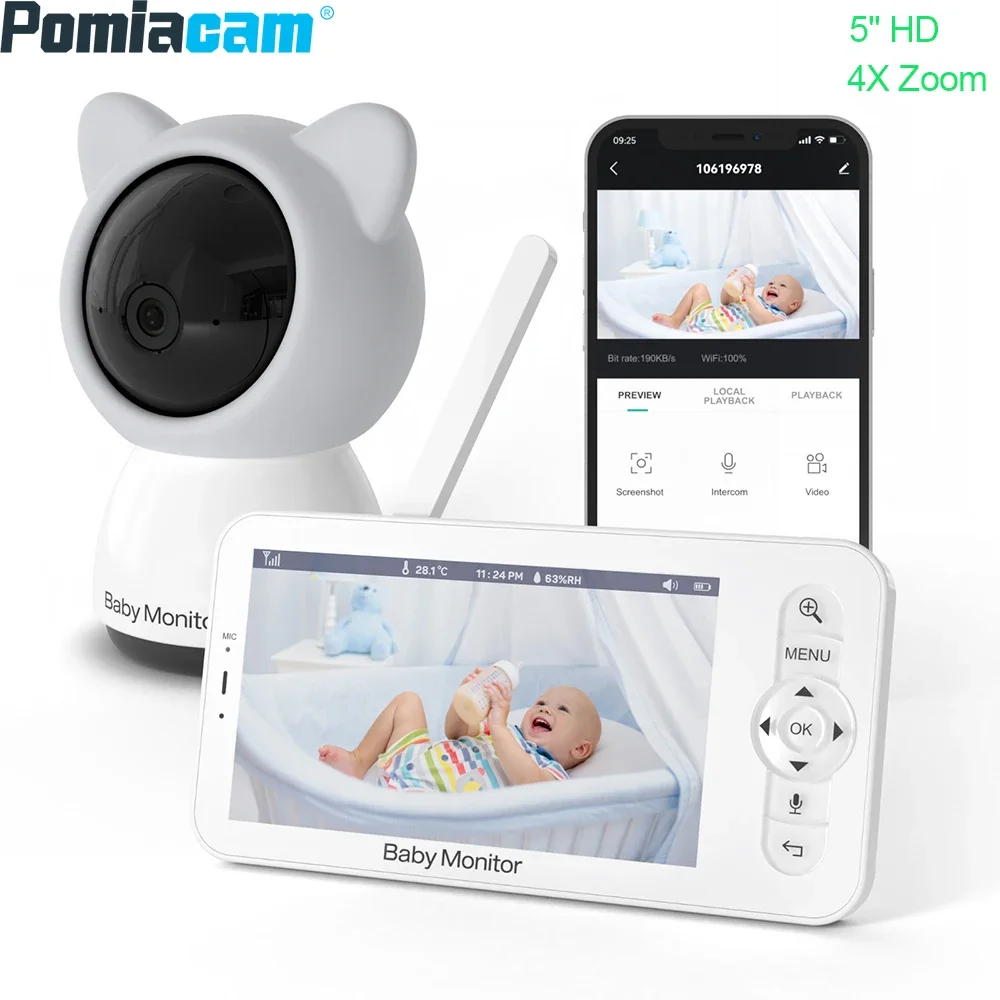 Baby Monitor 5inch Camera Wifi Phone App,1080P Pan-Tilt,4X Zoom,Night Vision,2-Way Talk,3000mAh Battery,Electronic Babyphone