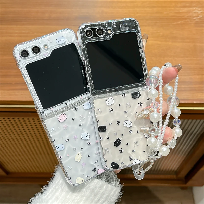

Water Ripple Cute Cat Phone Case For Samsung Galaxy Z Flip 6 5 4 3 Cover with Chain Silicone Cases Flip5 Flip6 Flip4 Korean Capa