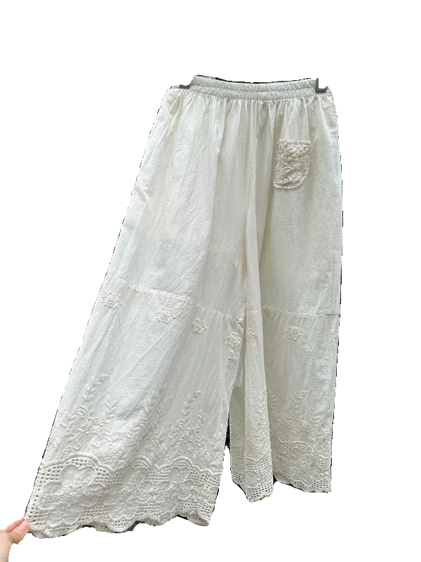 夏新森システム スイートで精巧な刺繍入り中空パンツ 綿100% ストレートワイドレッグパンツ カジュアルなボトムス