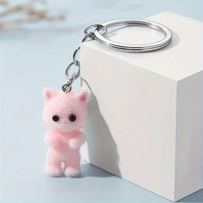 Niedliche 3d Flock ing Kätzchen kleinen Bären Schlüssel bund Harz Katze Paar Handy Anhänger Auto Schlüssel ring Kopfhörer Rucksack Charms Tasche Dekor