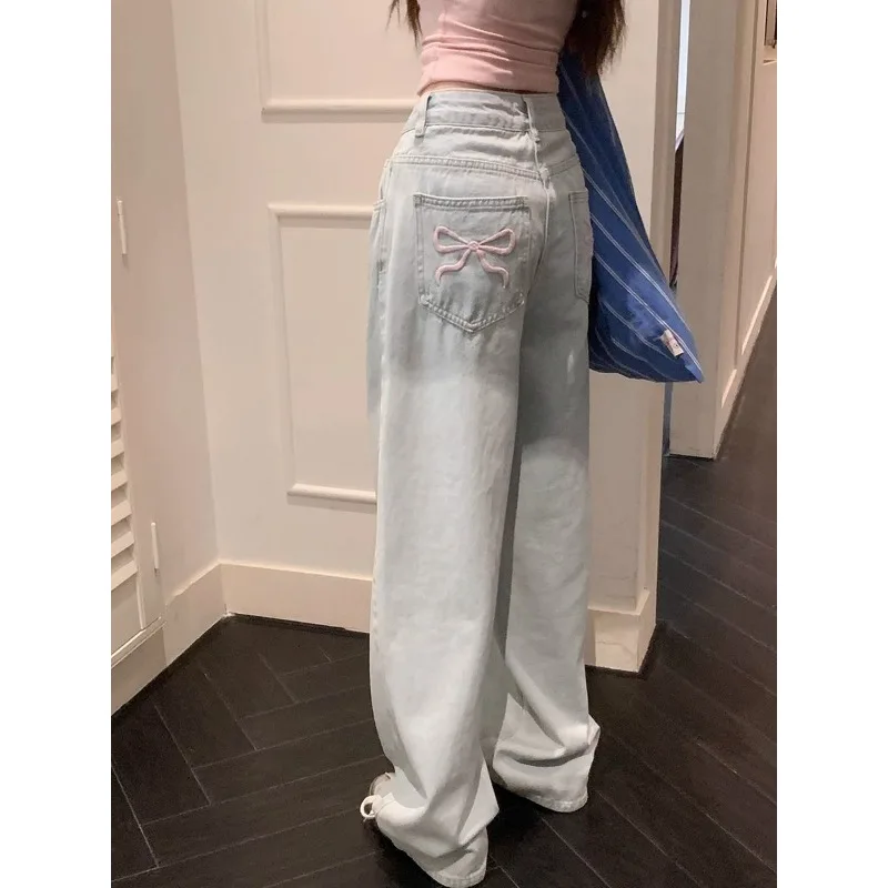 Deeptown y2k süße Frauen Jeans Bogen Stickerei Harajuku koreanische Mode Jeans hose Baggy gerade blaue Hose Vintage lässig