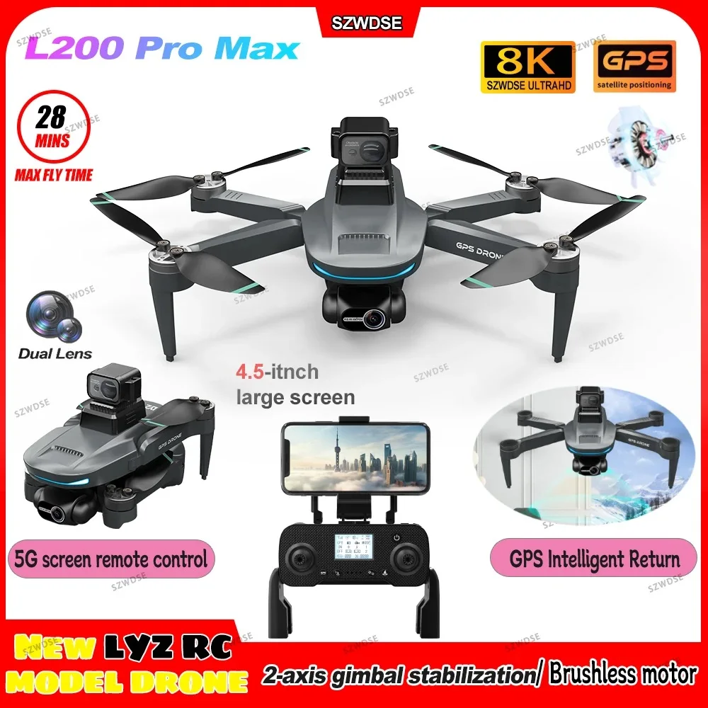

Дрон L200 Pro Max GPS с профессиональной HD-камерой 4K, 2-осевым стабилизатором и облетом на 360° ° Квадрокоптер-игрушка с функцией обхода препятствий, бесщеточный, складной