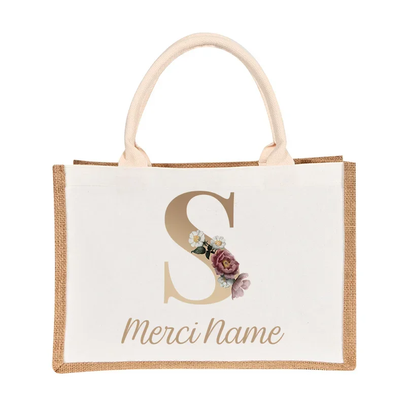 Custom Name Burlap Merci Maitresse Shopping Bags Personalized Bridesmaid Gift Bags Ladies Travelling Beach Spliced Travel bag