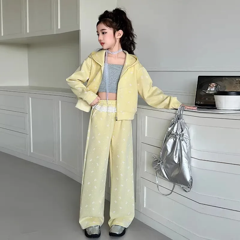 2pcs 2026 winter autumn Teens Clothes Children Set bow tracksuit top hooded jacket + loose wide leg Pant suit 4 7 8 10 12 year