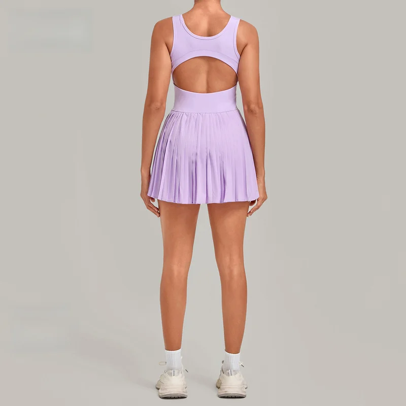Women Summer Autumn Pleated Tennis Dress Sleeveless Back Cutout Sports Dress With Built-in Bra Athletic Outfit For Golf Tennis