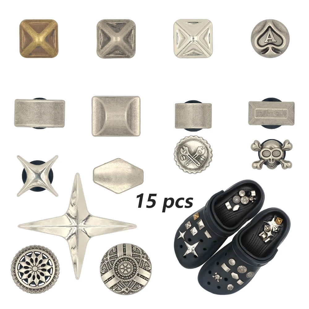 1 Set 15Pcs Shoe Accessories Charm Golden Silvery Metal Square Rectangle Rotundity Shining Stars Vintage Clogs Shoe Decorations