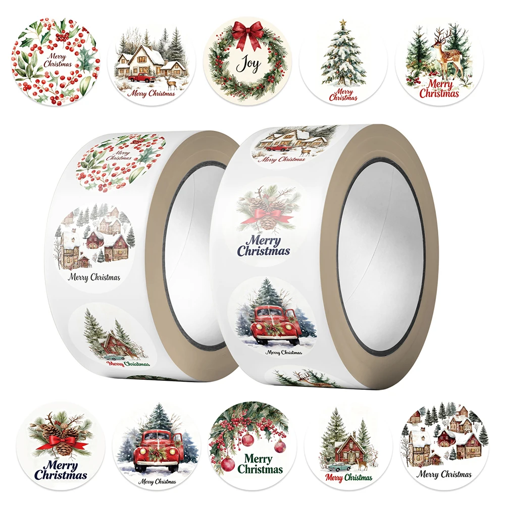 

500pcs Retro Aesthetic Merry Christmas Seal Label Stickers Cute Cartoon Reward Decals Roll Decoration Sticker for Laptop Luggage