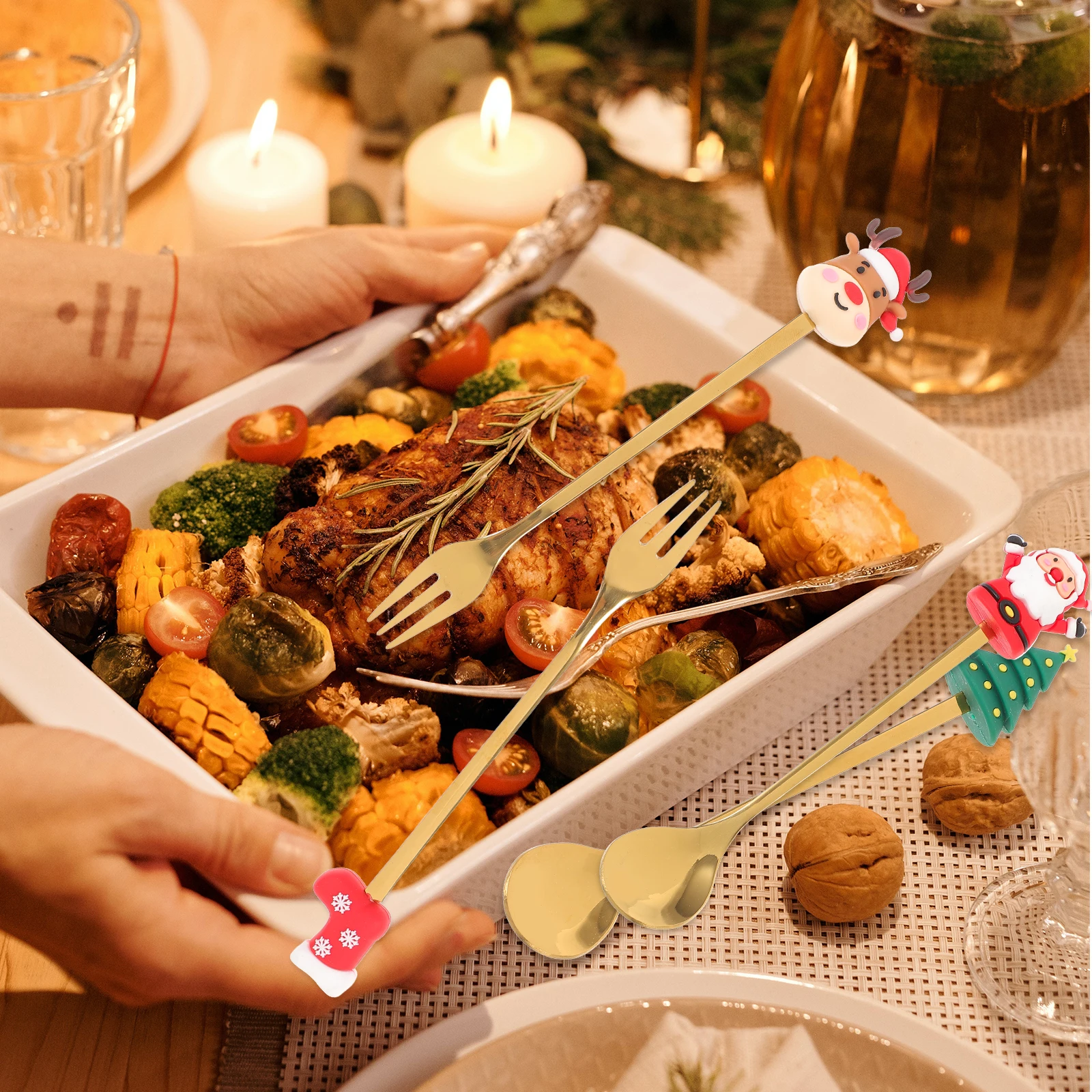 

1Set Christmas Spoon Fork Stainless Steel Xmas Themed Tableware for Home Restaurant Dinner Party Dessert Christmas Spoon Fork