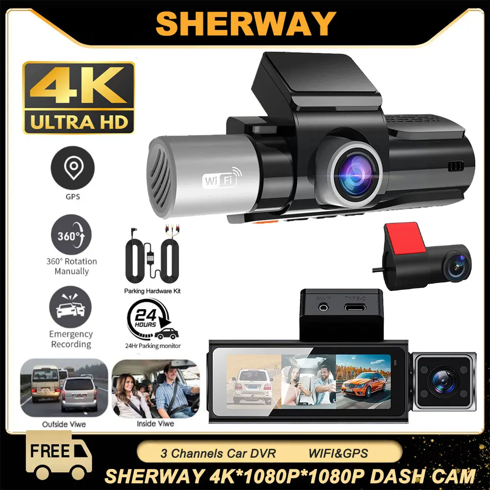 

3 Channel Dash Cam for Cars Camera UHD 4K 3-Lens GPS Wifi Dashcam Video Recorder Rear View Camera for Vehicle Car DVR Camcorder