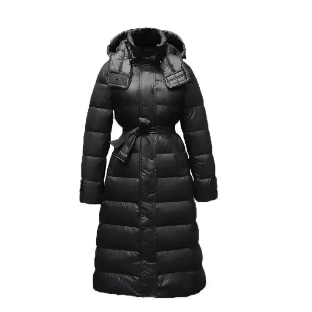 2025 New Winter White Duck Down Jacket Women Korean Office Lady Casual Fashion Long Hooded Warm Belt Slim Down Coat Female