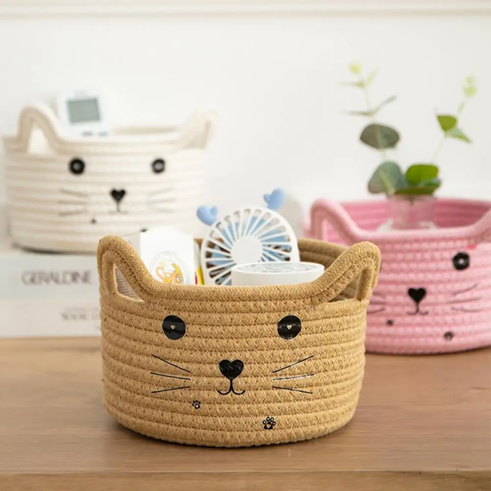 Storage Basket Case Hand Woven Large Capacity Handle Cotton Rope Cat Ears Desktop Key Sundries Organizer Box Household Supplies