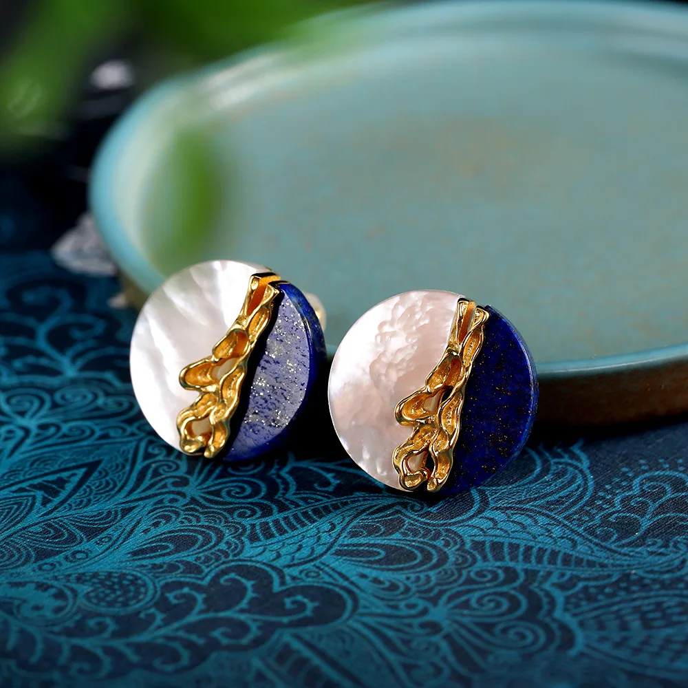 s925 Silver gold plated jewelry women's shell lapis earrings