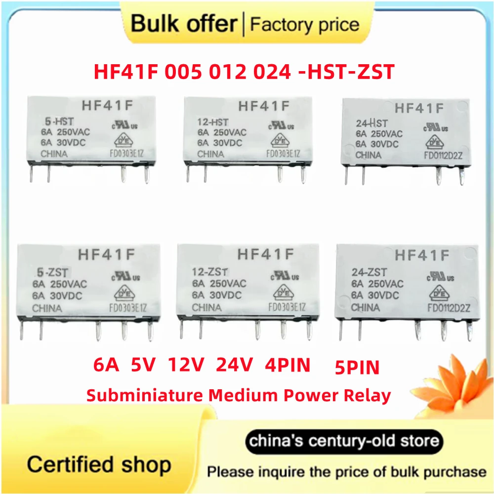 10PCS/Lot new original HF41F 005 012 024-ZS-HST-ZST-HS 6A 5V 12V 24V 4PIN 5PIN 6A Power relay 41F-1Z-C2-1 relay base