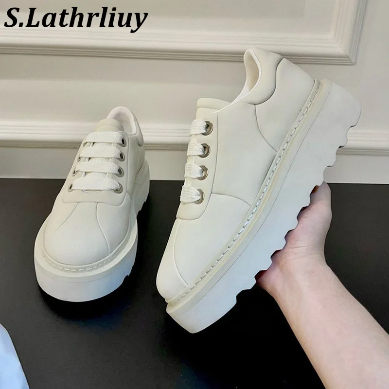 

Spring Round Toe Solid Color Real Leather Platform Shoes Flat Heel Thick Bottom Lace Up Sneakers Leisure Tennis Shoes Unisex