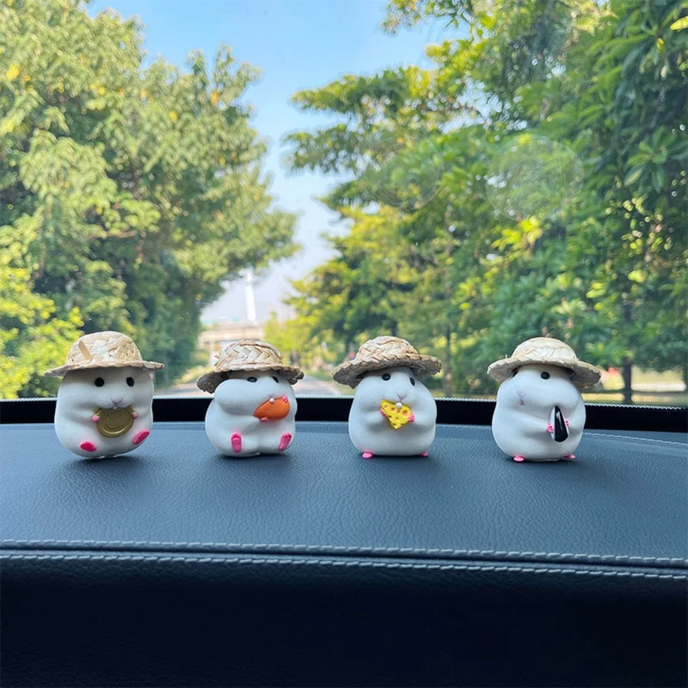 Auto Accessory Hamster With Straw Hat Car Ornament Cartoon Kawaii Car Decoration Hamster Figure Model