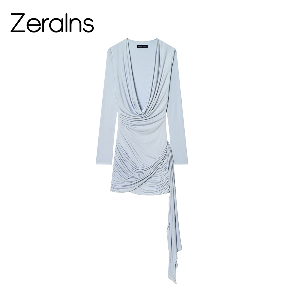 ZERAINS Neues Damenkleid im europäischen und amerikanischen Stil mit langen Ärmeln, schmaler Passform, plissiertem Kragen, Gürtel und modischem kurzen Rock.