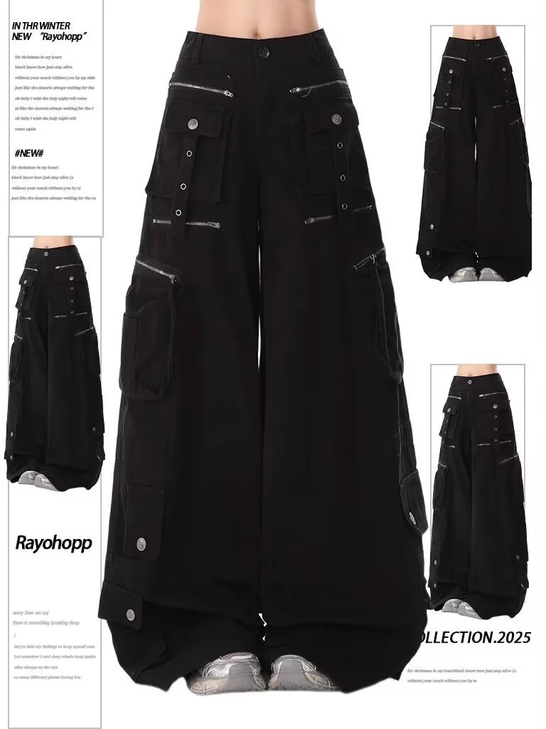 

Американские брюки с высокой талией, множеством карманов и микро-клешем, повседневные, в стиле High Street, стройнящие, длинные, для мужчин и женщин