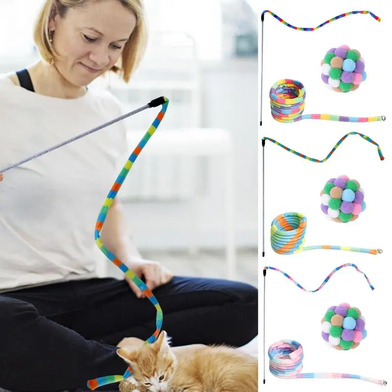 

Rainbow Ribbon Cat Toy Interactive Ribbon Charmer Stick Teaser Toys String Toy with Colorful Ball wand toy Indoor pet supplies