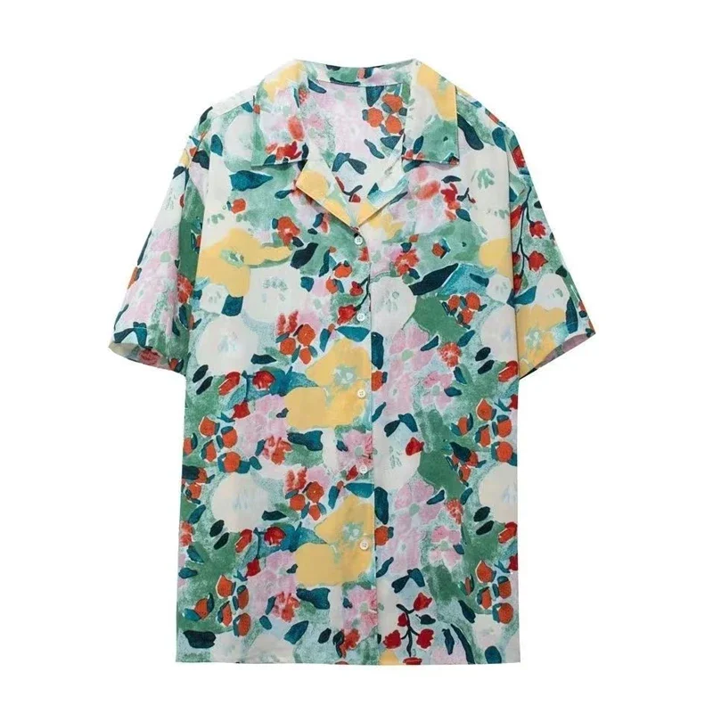 

Women Vintage Elegant Button Patchwork Cardigan High Street Casual All-match Blouse Summer Notched Fashion Short Sleeve Shirt