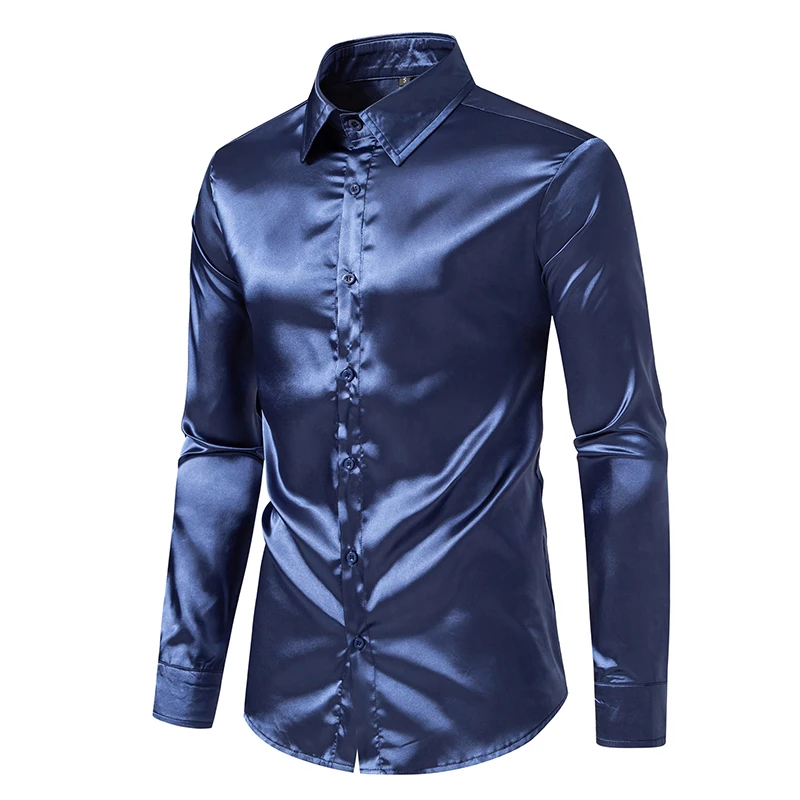 Herren Satin Luxus Hemden Mode Seide Glatt Männlich Smoking Hemd Solide Hochzeit Party Prom Casual Hemd Business Büro – Detail 29