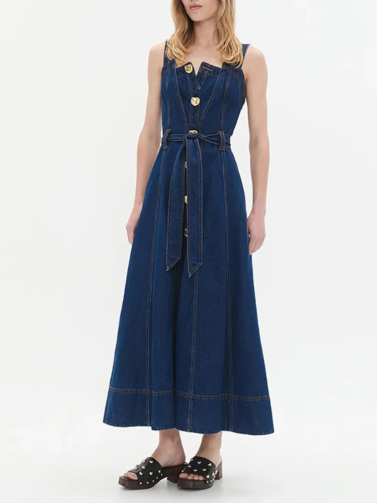 

Sexy Spaghetti Strap High Waist Gold Buttons Denim Dress Women Sleeveless Square Neck A-line Long Dresses Evening Party Gowns