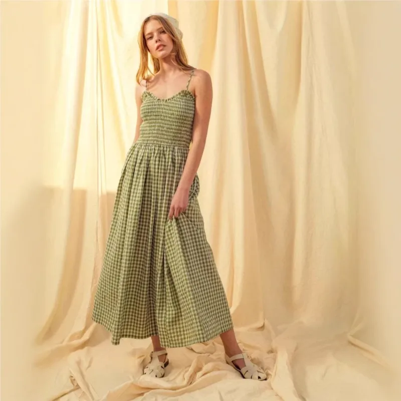 

Women Plaid Printed Maxi Dress 2026 Summer Spaghetti-strap High Waist Backless Party Midi Dresses Beach Holiday Sweet Lovely