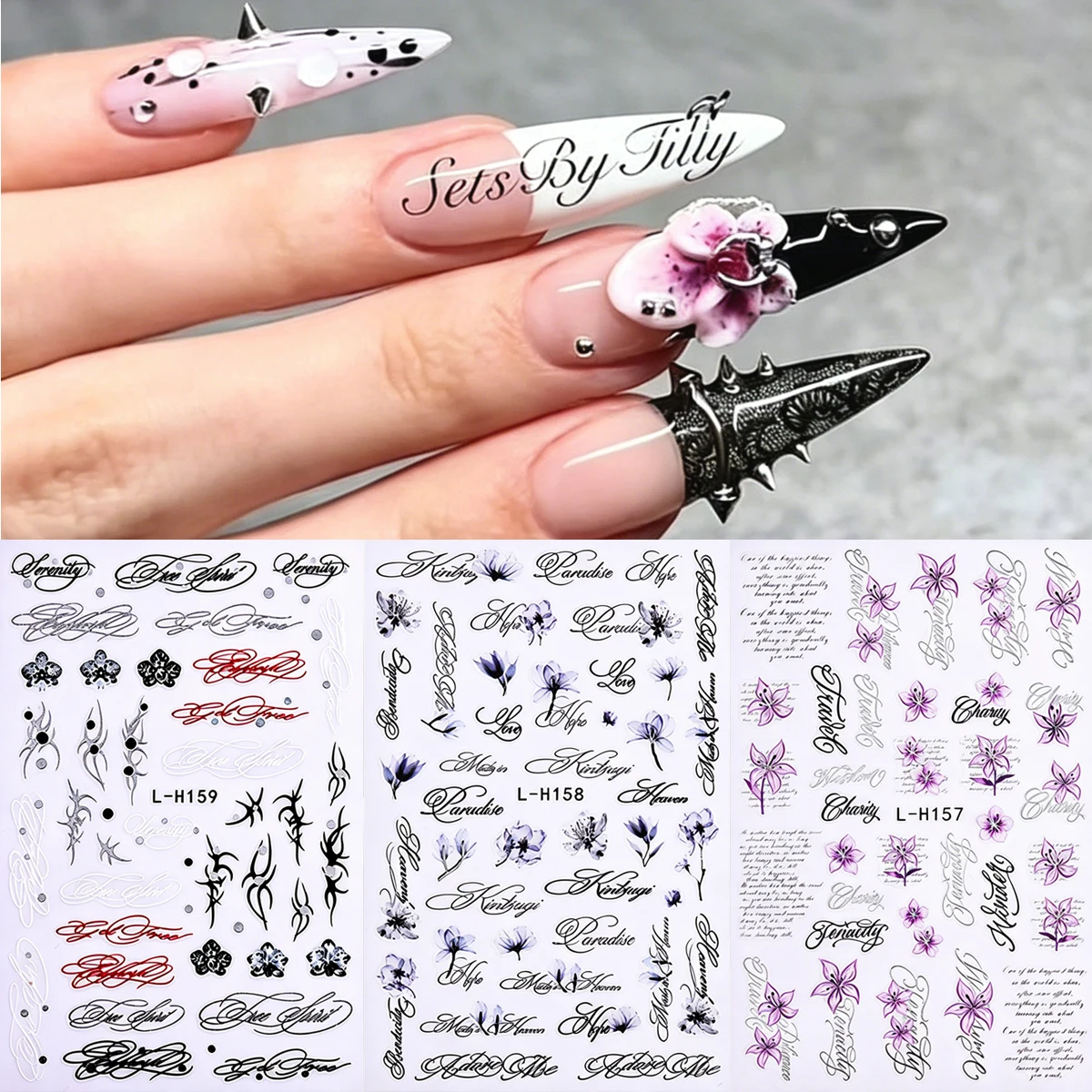 Cursive Letter Flower Nail Art Sticker Vintage Black White Script Words Floral Decals Gothic Flower Leaf Nail Accessories