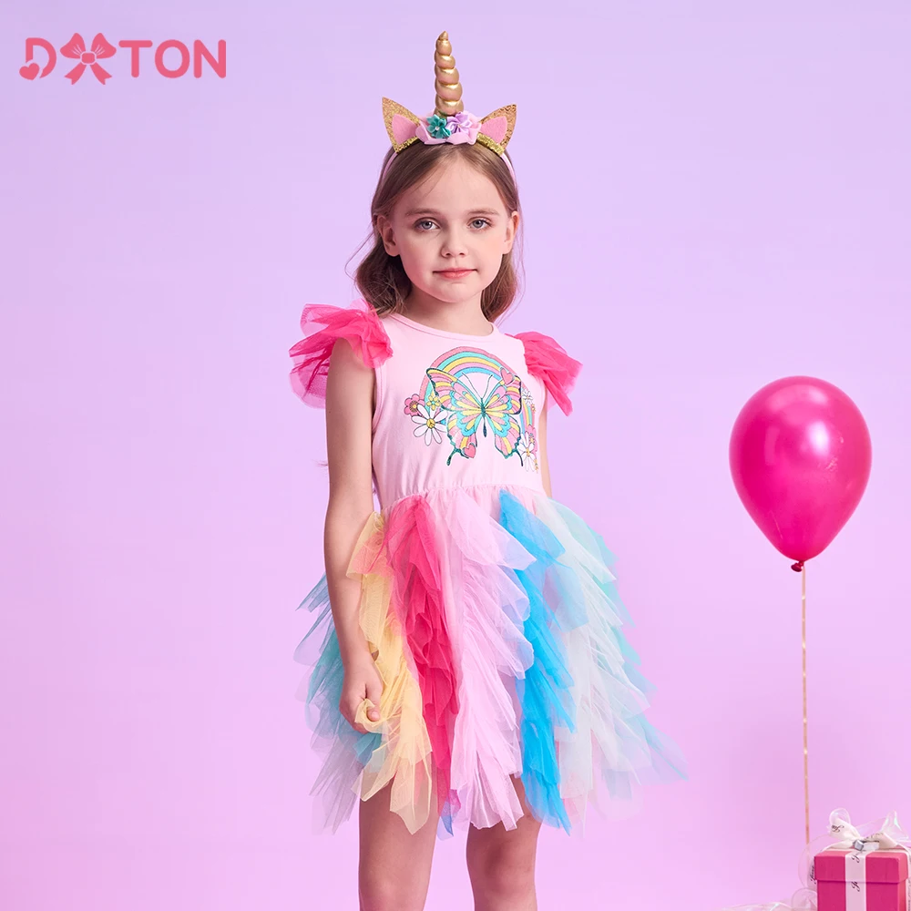 

DXTON Summer Princess Girls Dresses Ruffles Sleeveless Children's Holiday Party Clothing Gradient Mesh Butterfly New Kids Dress