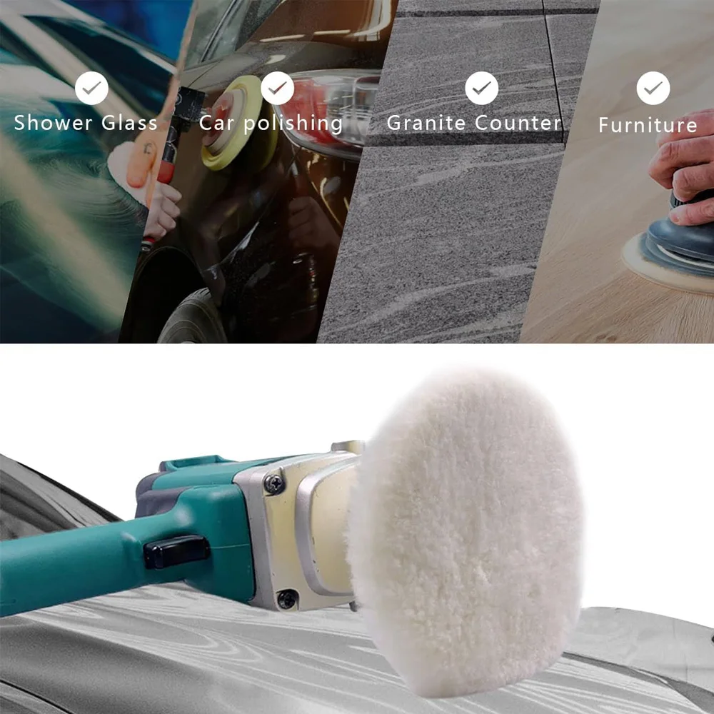 5 inchWool Polishing Buffing Pad Polisher Buffing Wheel Wool Pads with M10 Drill Rod Adapter Hook Loop Back Auto Wool Polishing