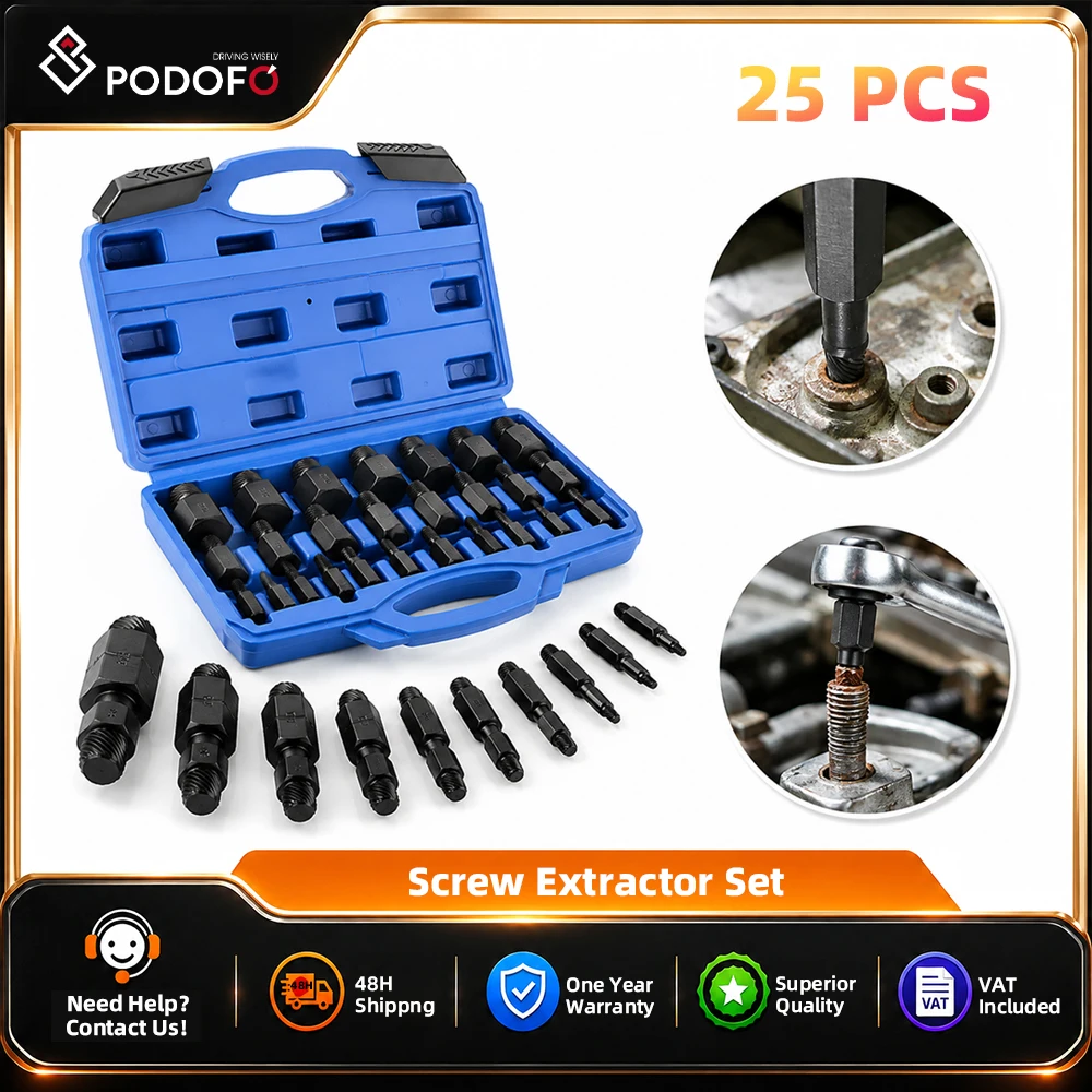 Podofo – Kit d'extracteurs de vis multi-tailles 25 pièces, extracteurs de boulons à tête hexagonale et multi-cannelures, extracteurs de boulons arrondis en Cr-Mo, extracteurs de vis et boulons robustes pour réparation automobile et bricolage