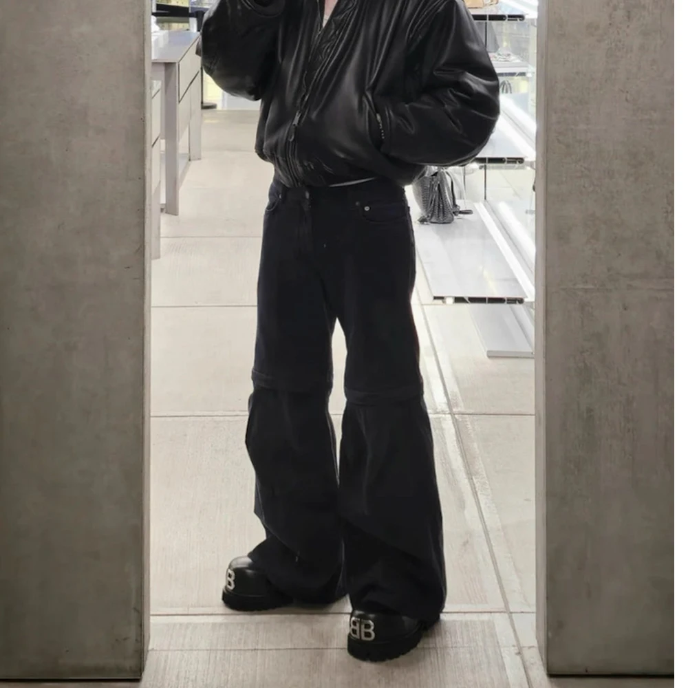 Vintage Washed Distressed Detachable Micro Flared Jeans for Men Streetwear Boot Cut Harajuku Loose Baggy Denim Trousers
