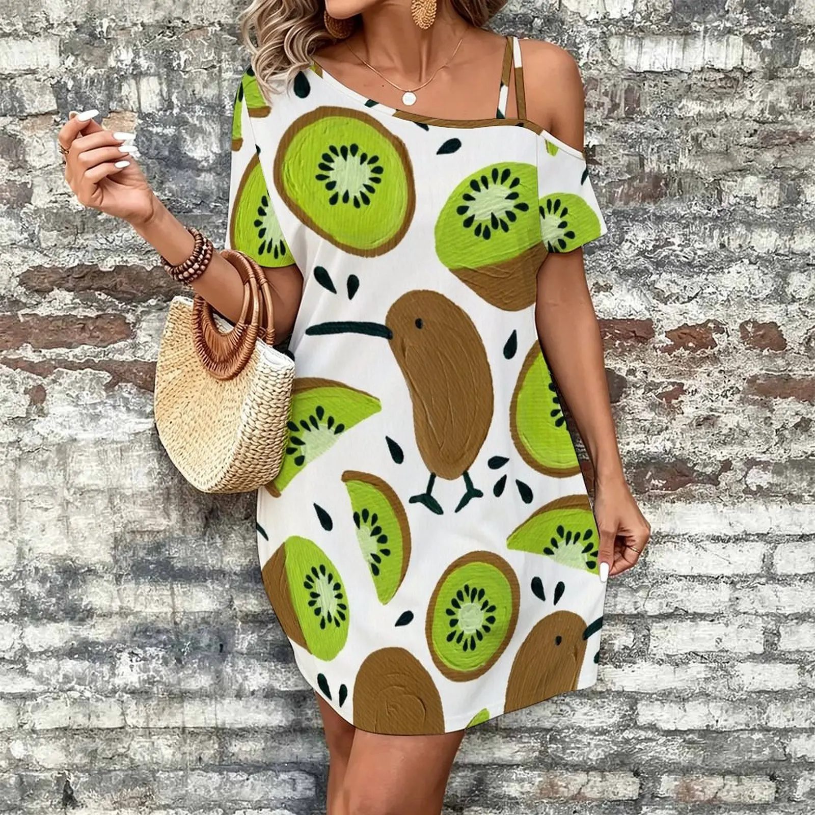 Kiwis & Kiwis Women's Slanted Shoulder Single Strap Short-Sleeved Dress