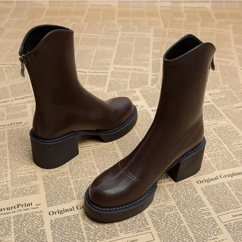 Elegant Heeled Ladies Mid Calf Shoes Spring 2025 High Heels Women\'s Half Boots Black On Offer Winter Novelty Trend Promotion New